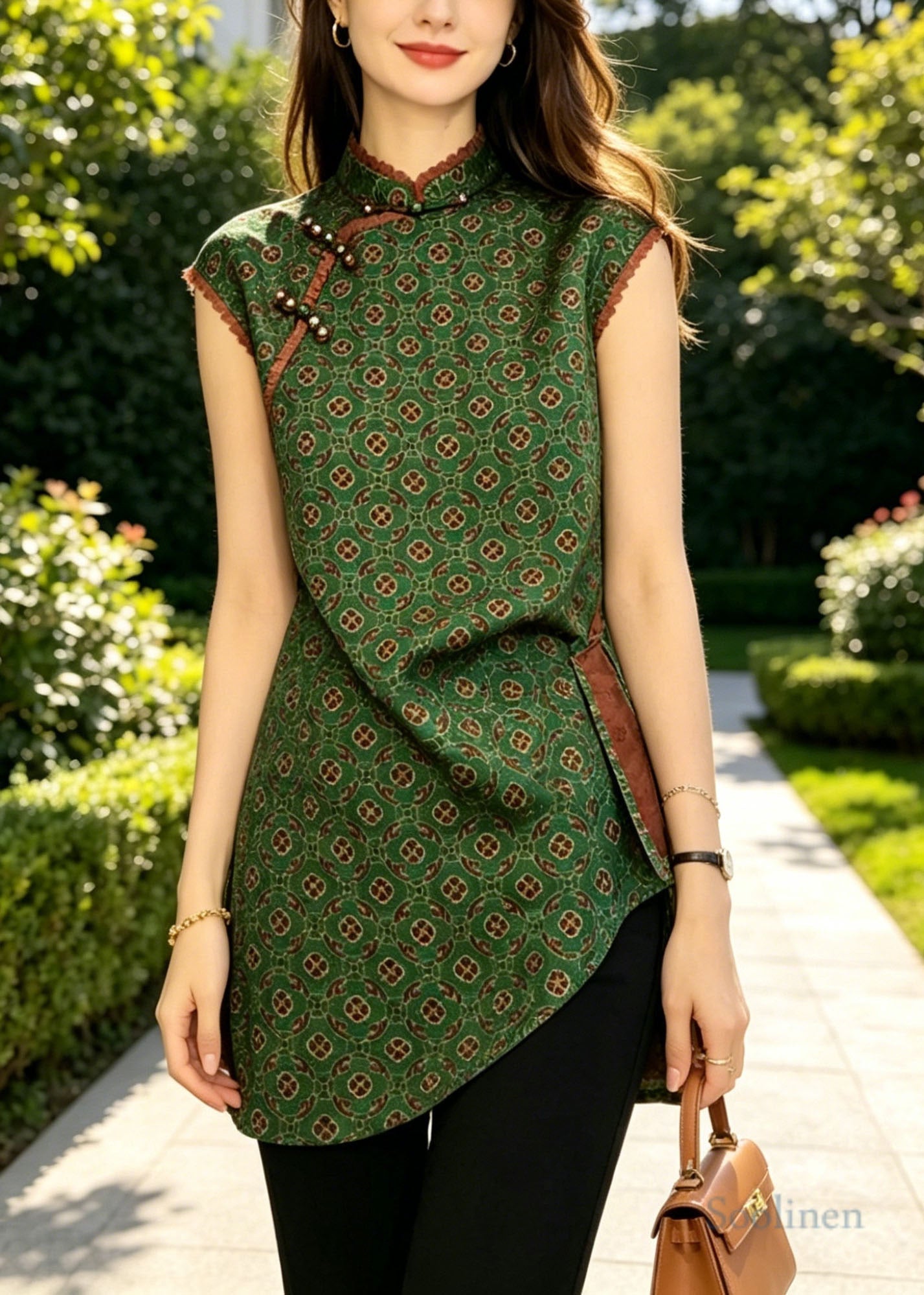 Vintage Green Asymmetrical Print Silk Oriental Vest Tops Sleeveless