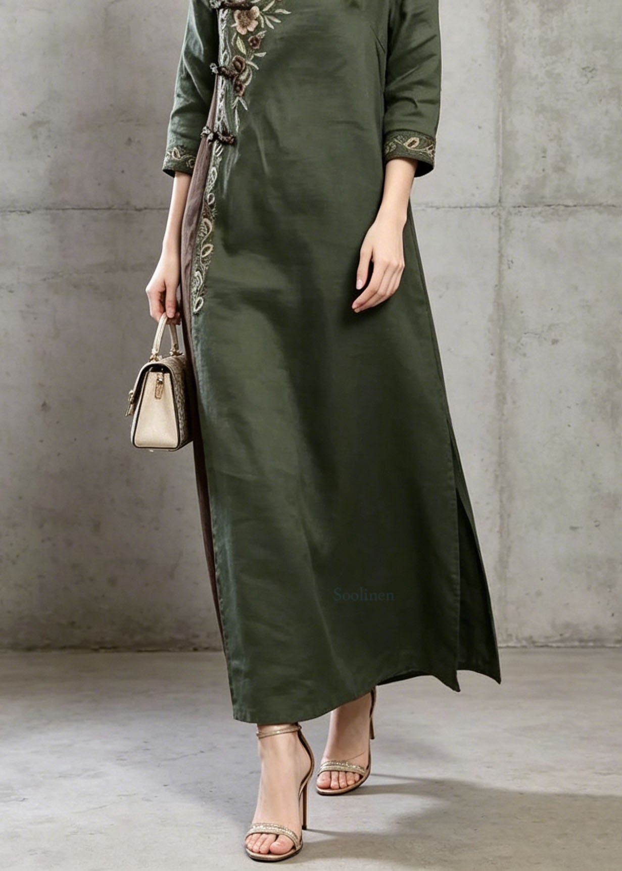Vintage Green Embroidered Chinese Button Cotton Dress Summer