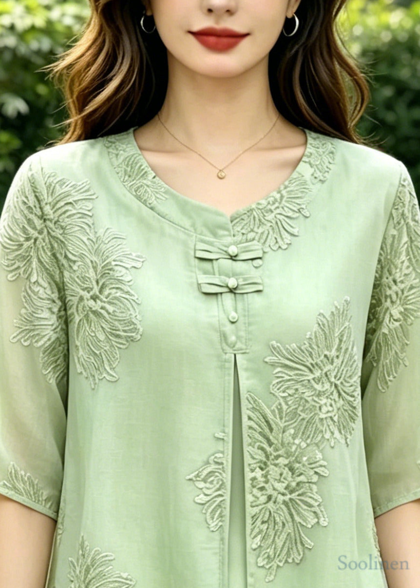Vintage Green Embroidered Silk Fake Two Piece Shirts Summer