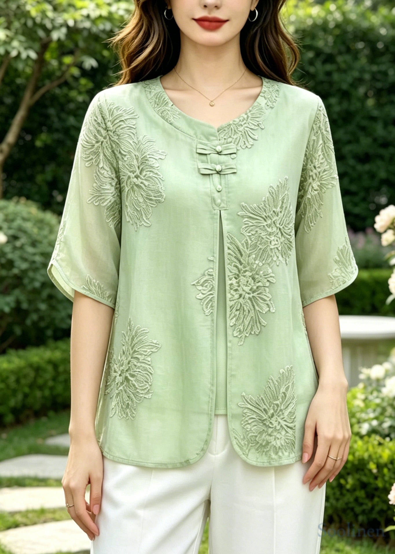 Vintage Green Embroidered Silk Fake Two Piece Shirts Summer
