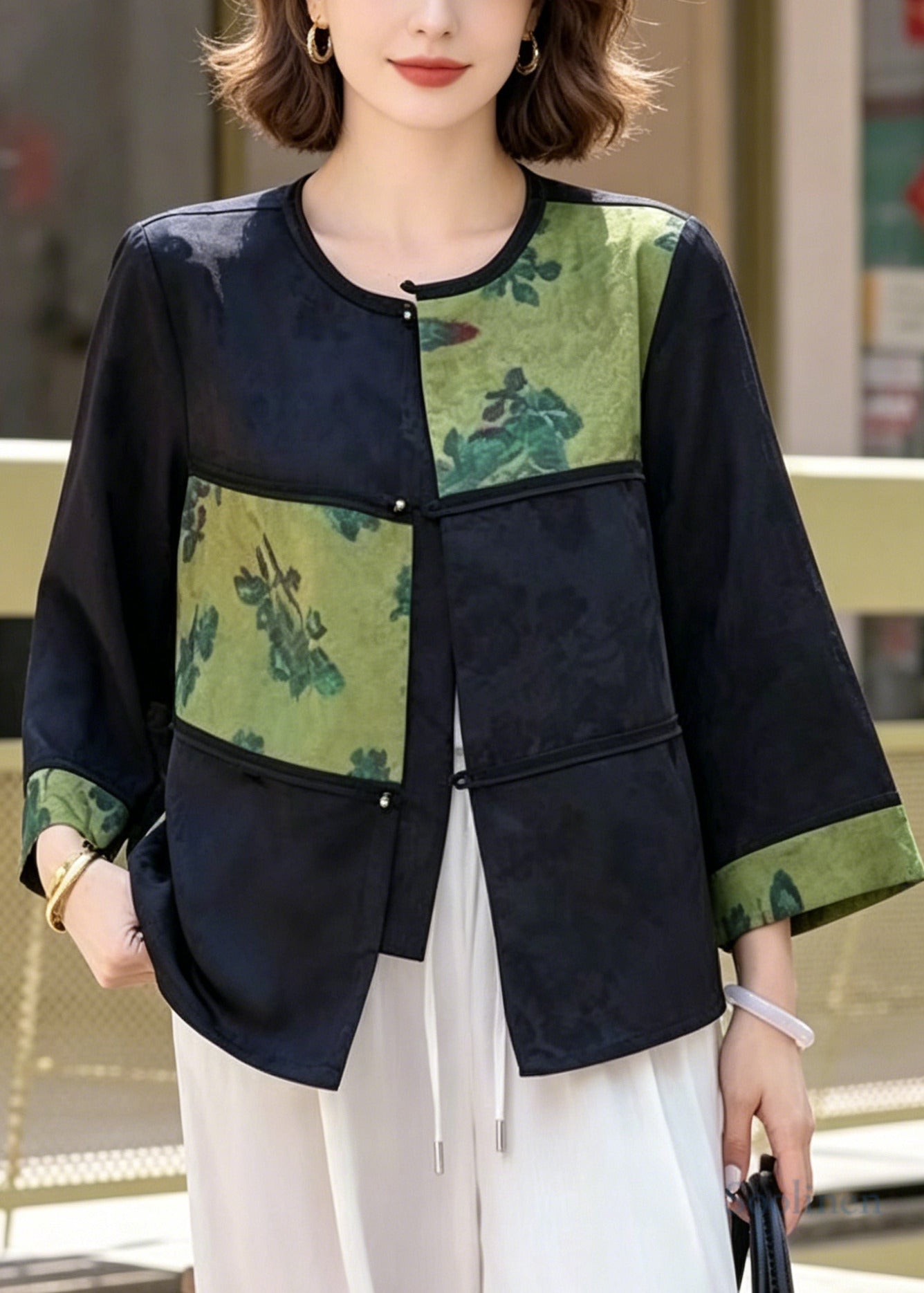 Vintage Green Jacquard Patchwork Silk Oriental Coats Bracelet Sleeve