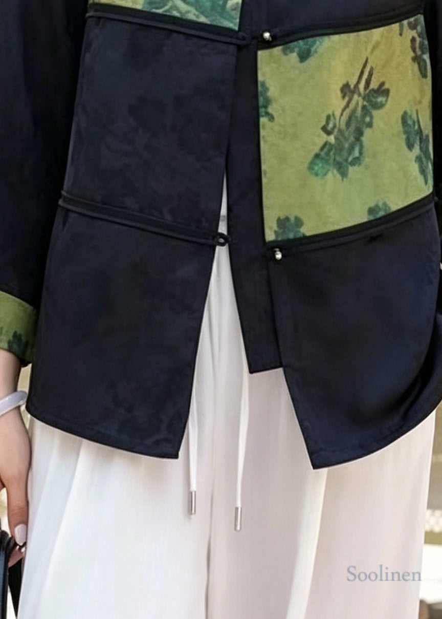 Vintage Green Jacquard Patchwork Silk Oriental Coats Bracelet Sleeve