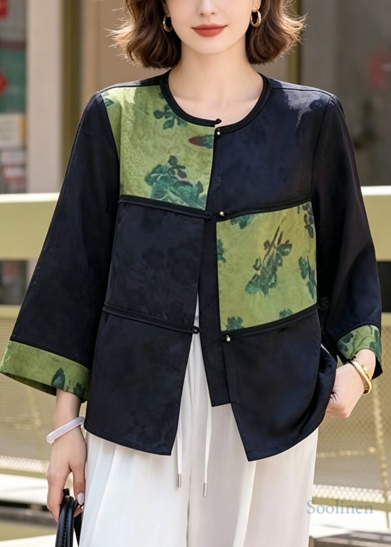 Vintage Green Jacquard Patchwork Silk Oriental Coats Bracelet Sleeve