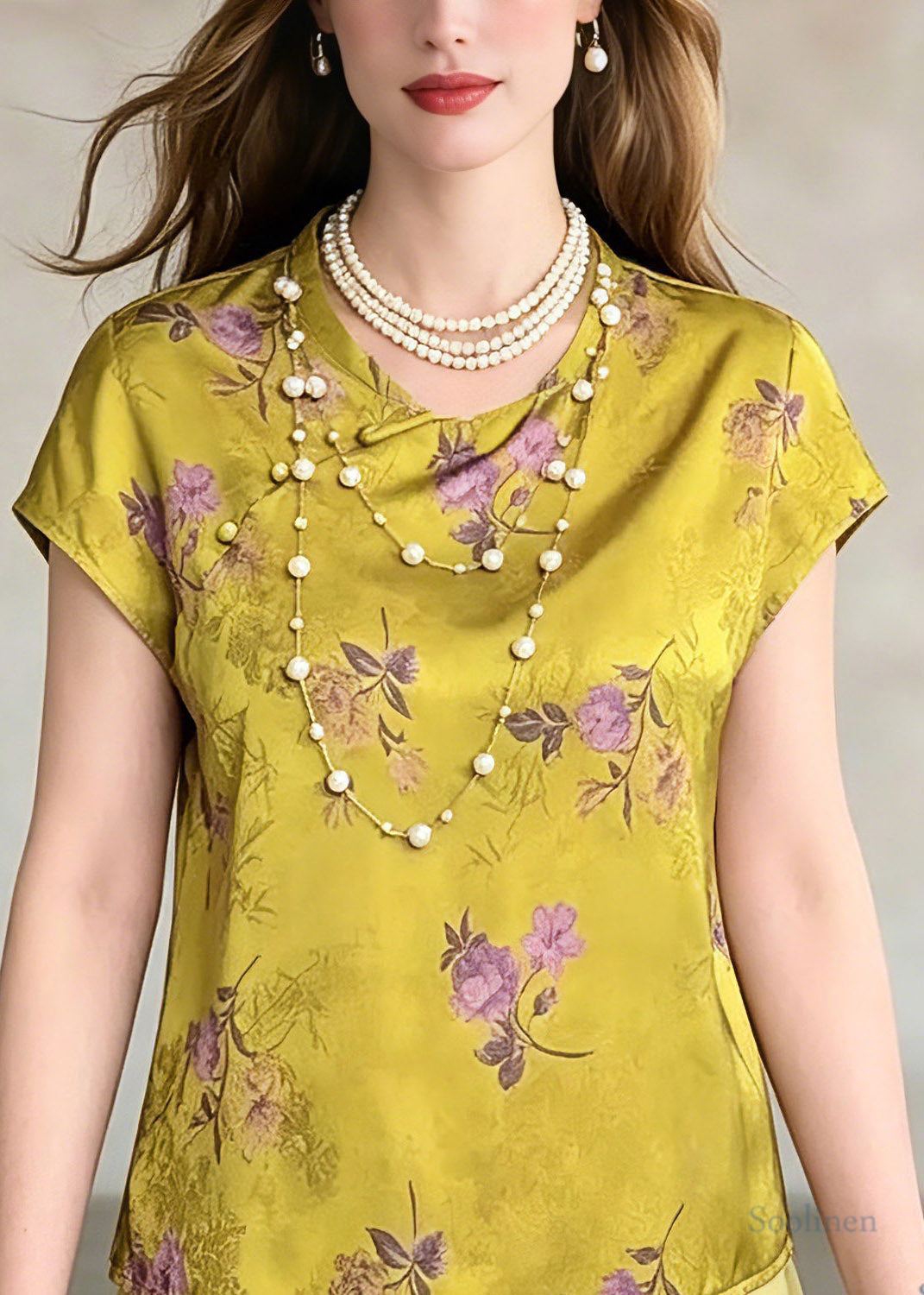Vintage Green O-Neck Print Chiffo T Shirt Summer