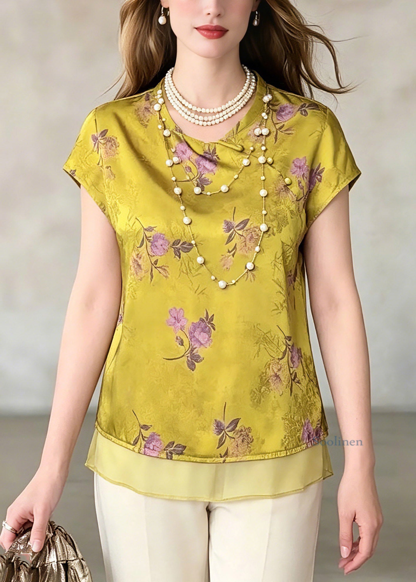 Vintage Green O-Neck Print Chiffo T Shirt Summer