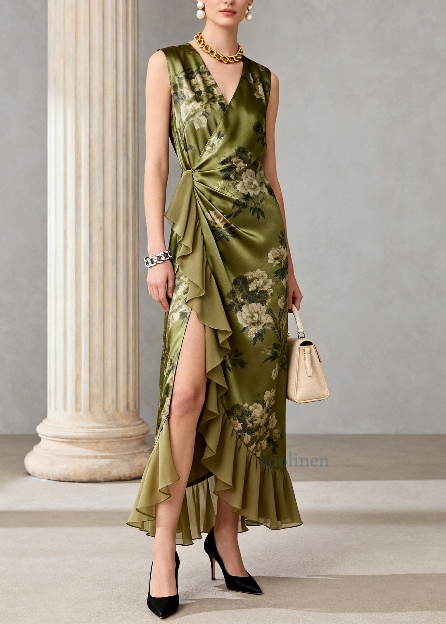 Vintage Green Ruffled Print Chiffon Long Dress Sleeveless