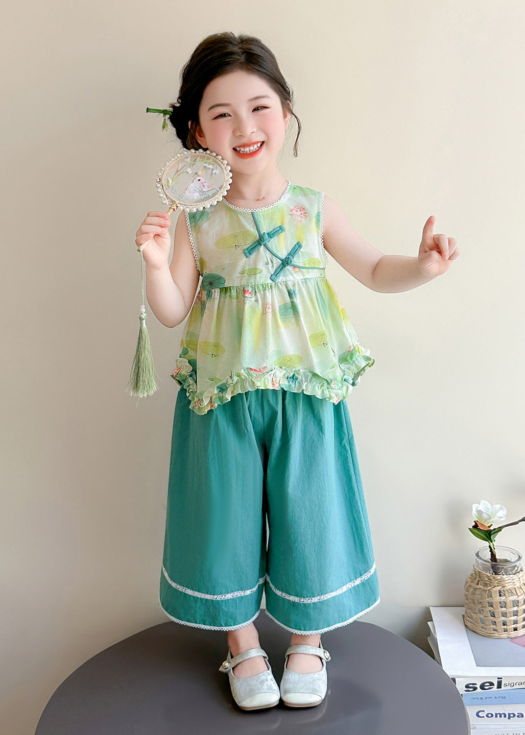 Vintage Green Ruffled Print Cotton Kids Girls Two Pieces Set Summer