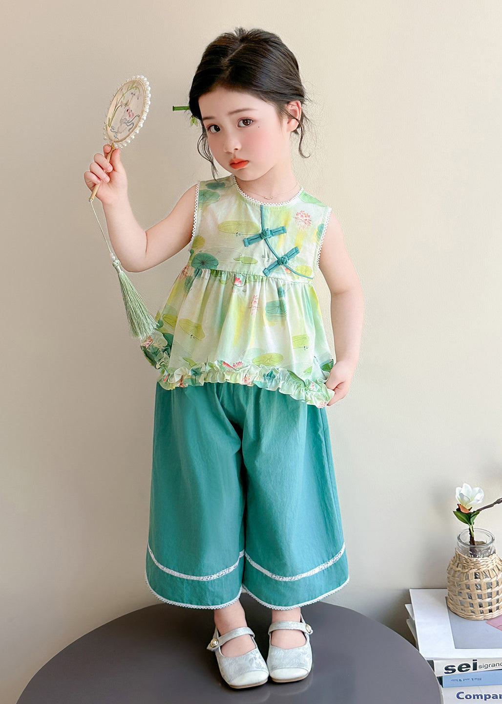 Vintage Green Ruffled Print Cotton Kids Girls Two Pieces Set Summer