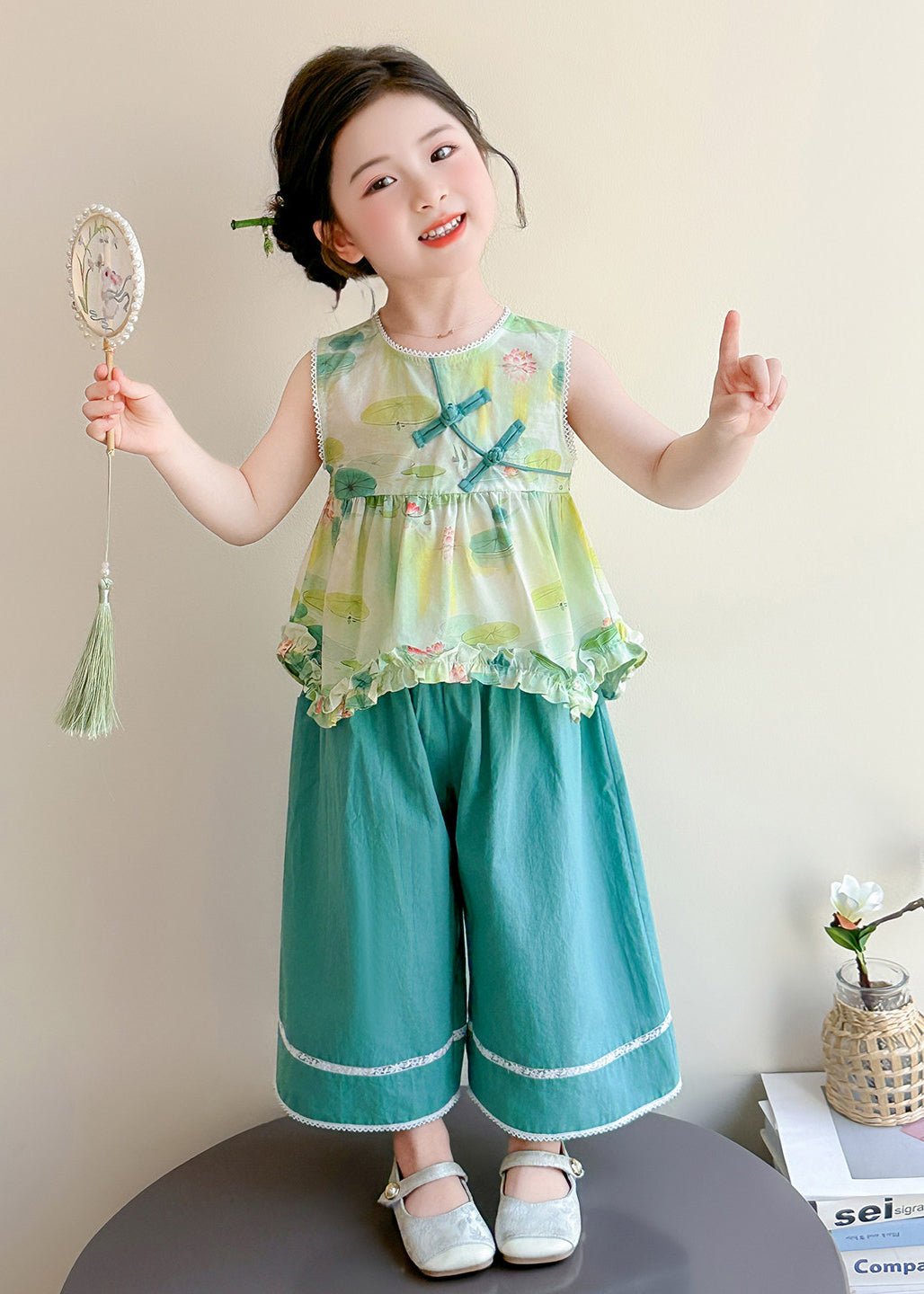 Vintage Green Ruffled Print Cotton Kids Girls Two Pieces Set Summer
