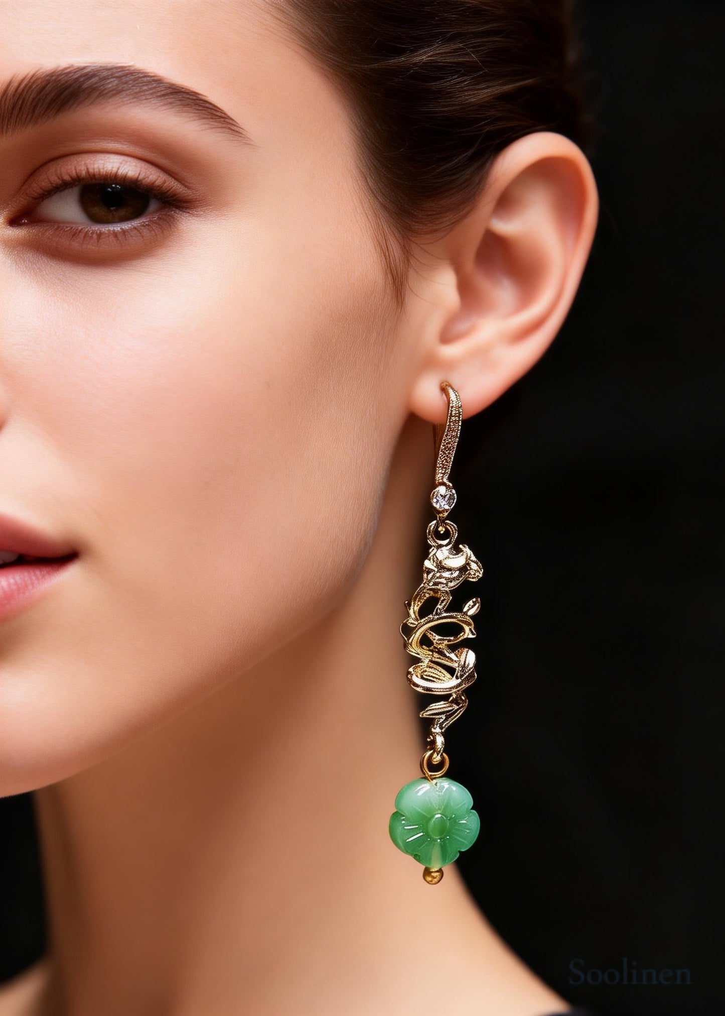 Vintage Green Sunflower Jade Gilding Drop Earrings