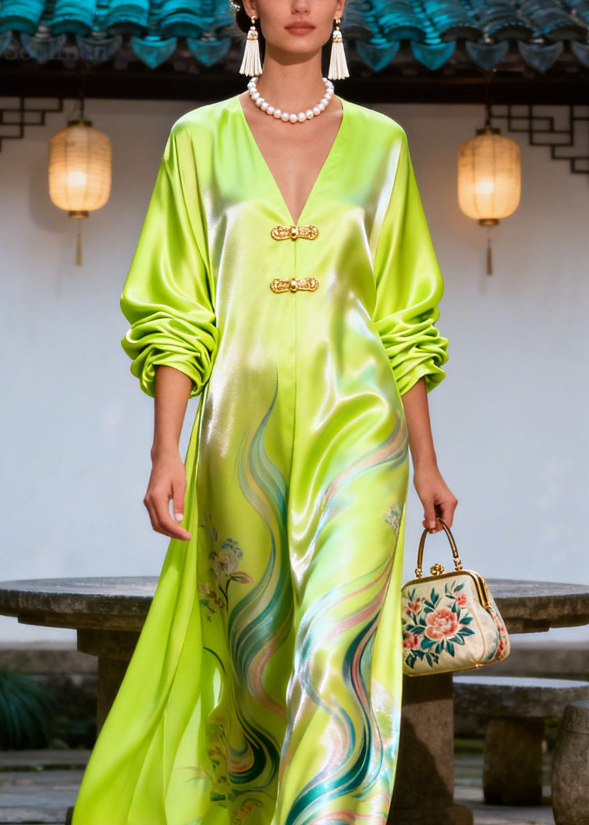 Vintage Green V Neck Print Chinese Button Silk Dress Summer