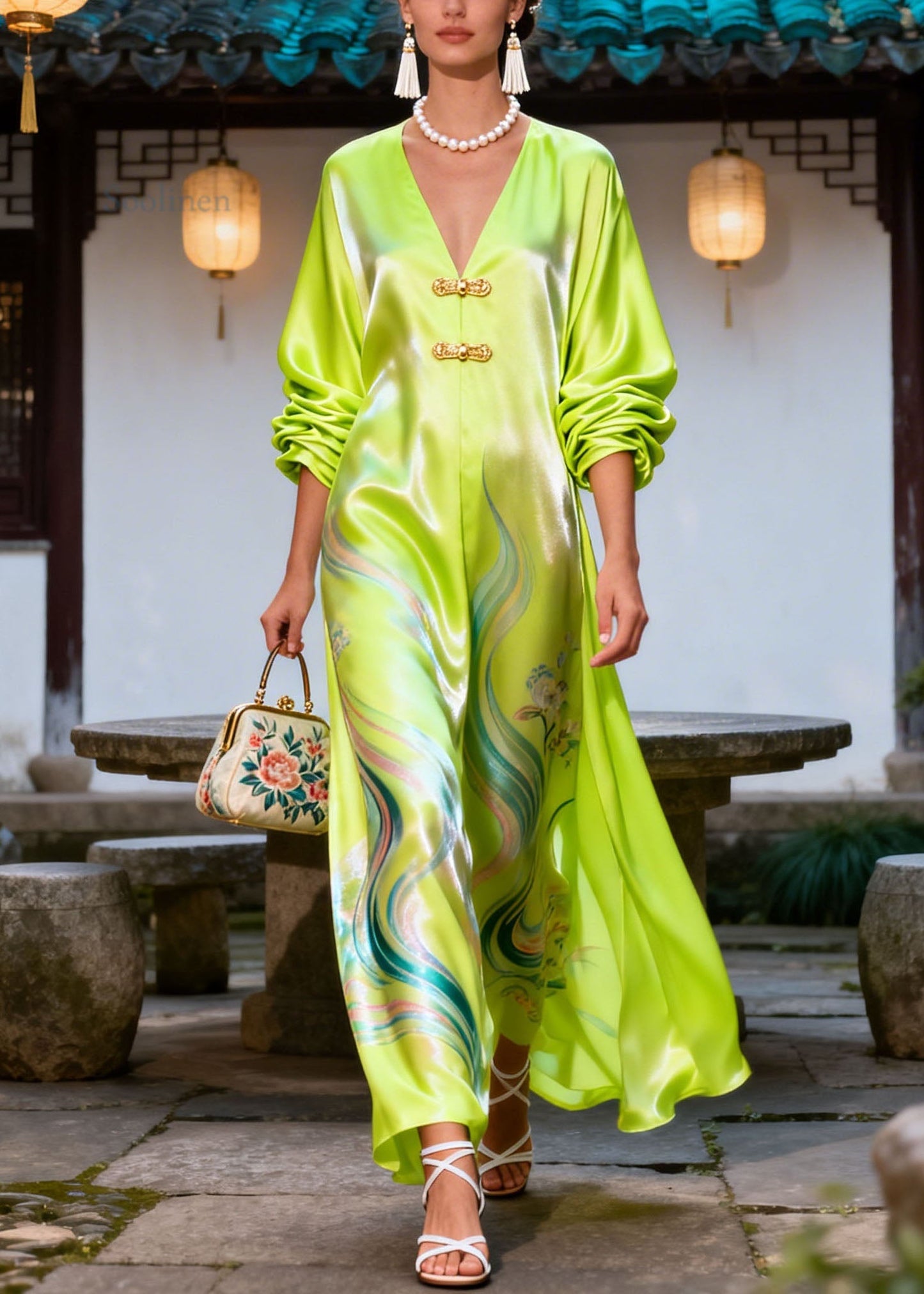 Vintage Green V Neck Print Chinese Button Silk Dress Summer