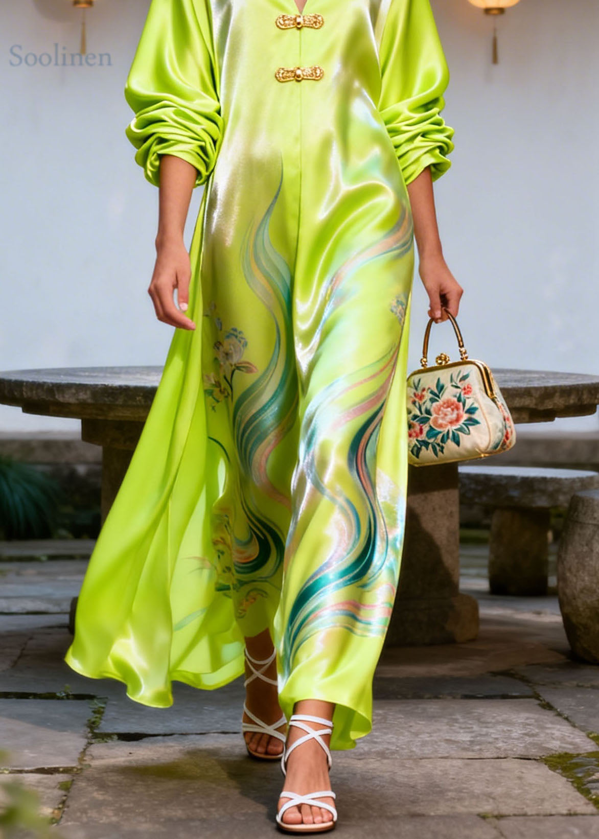 Vintage Green V Neck Print Chinese Button Silk Dress Summer