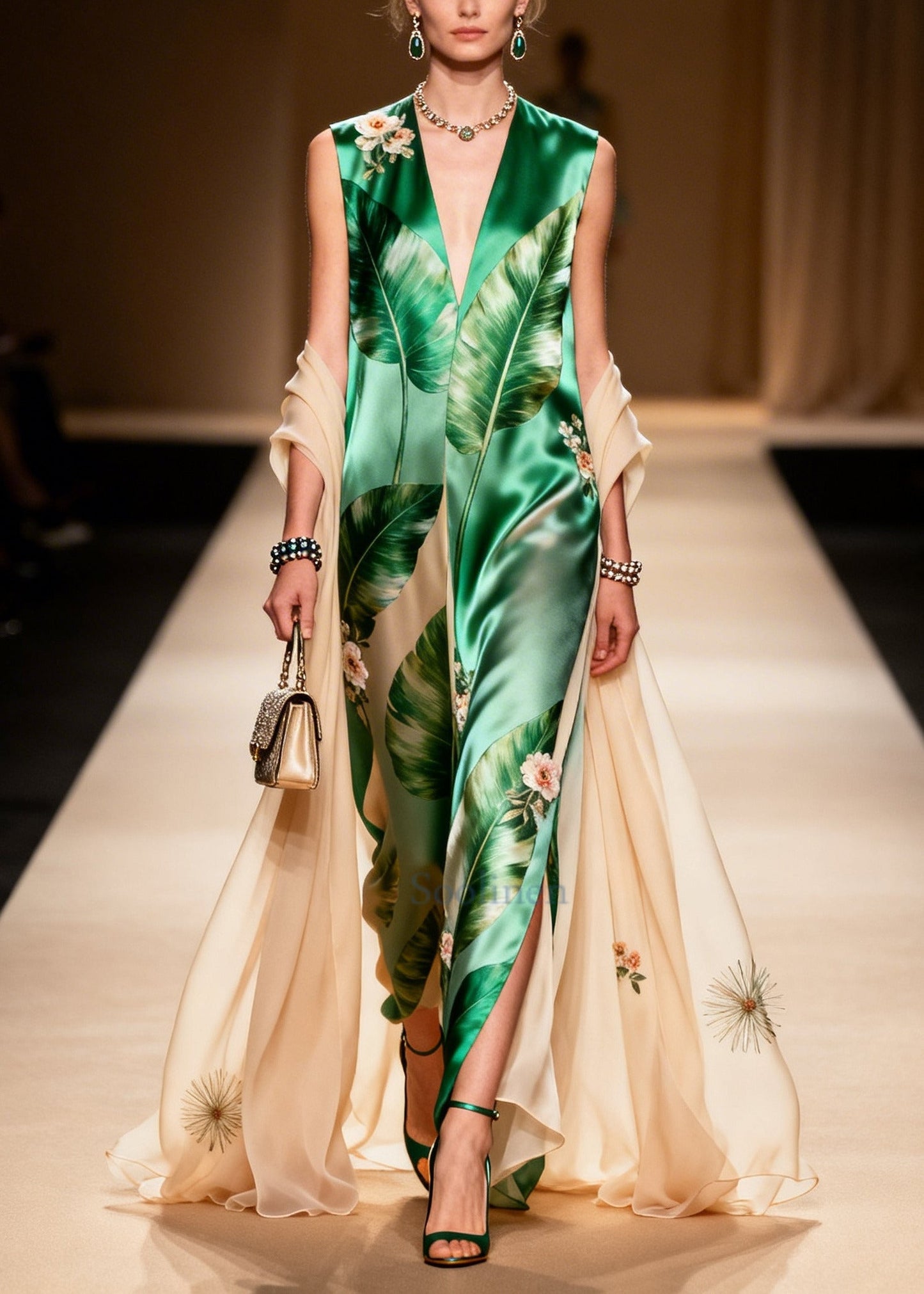 Vintage Green V Neck Print With Shawl Silk Long Dresses Summer