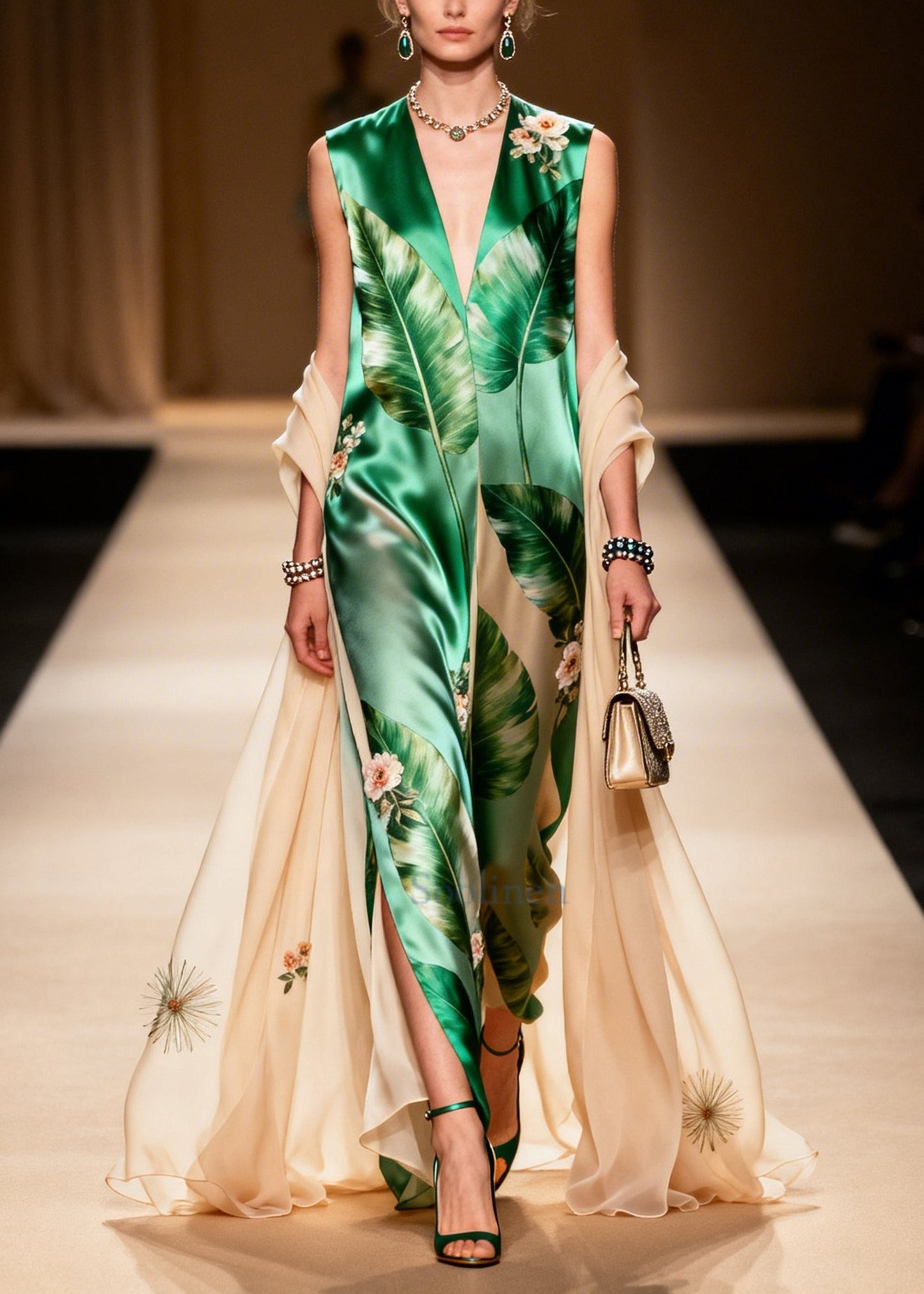 Vintage Green V Neck Print With Shawl Silk Long Dresses Summer