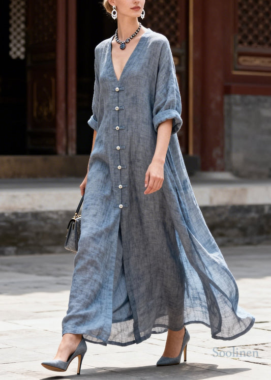 Vintage Grey Oversized Chinese Button Cotton Shirt Dresses Summer