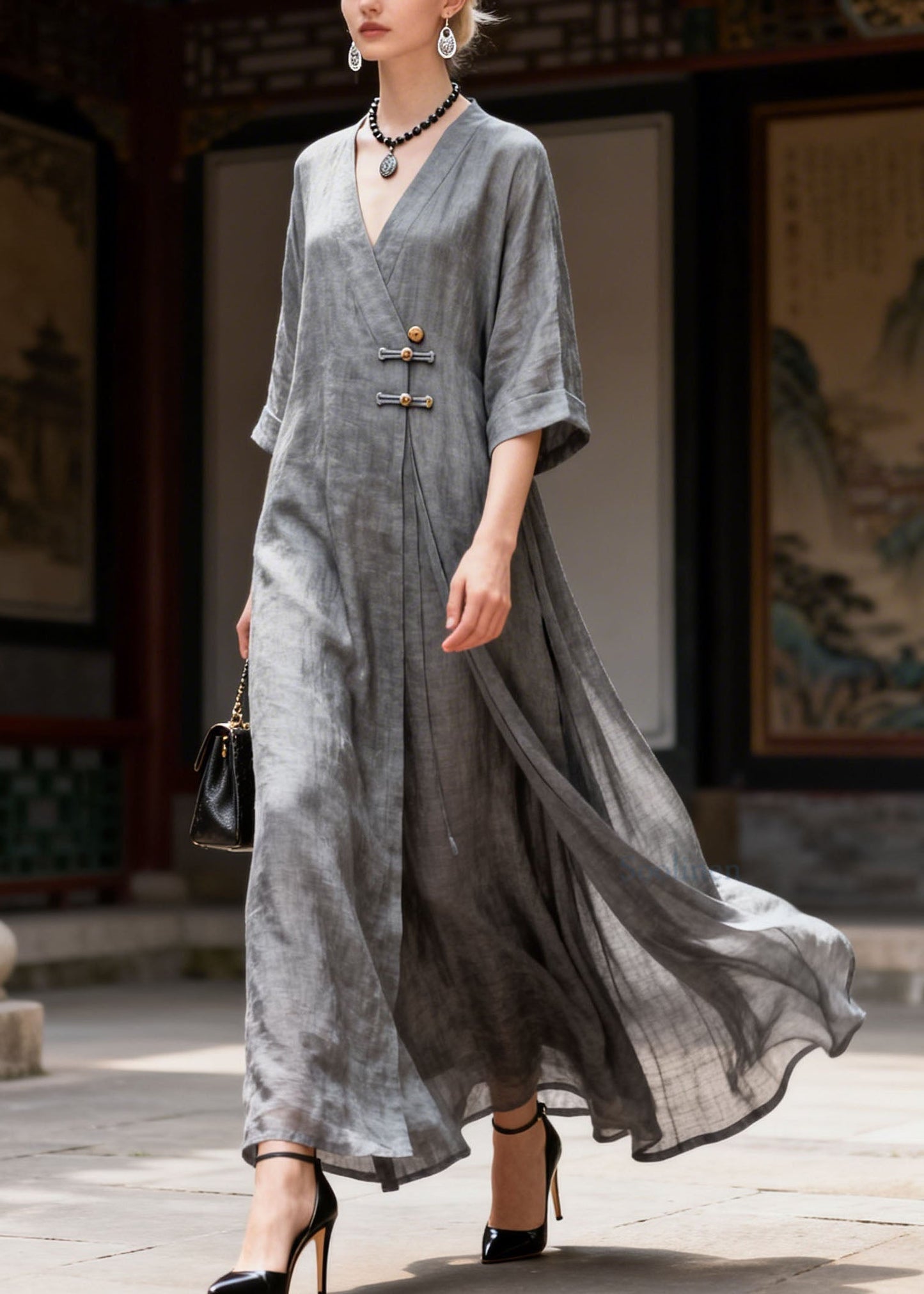 Vintage Grey V Neck Button Patchwork Cotton Long Dress Summer