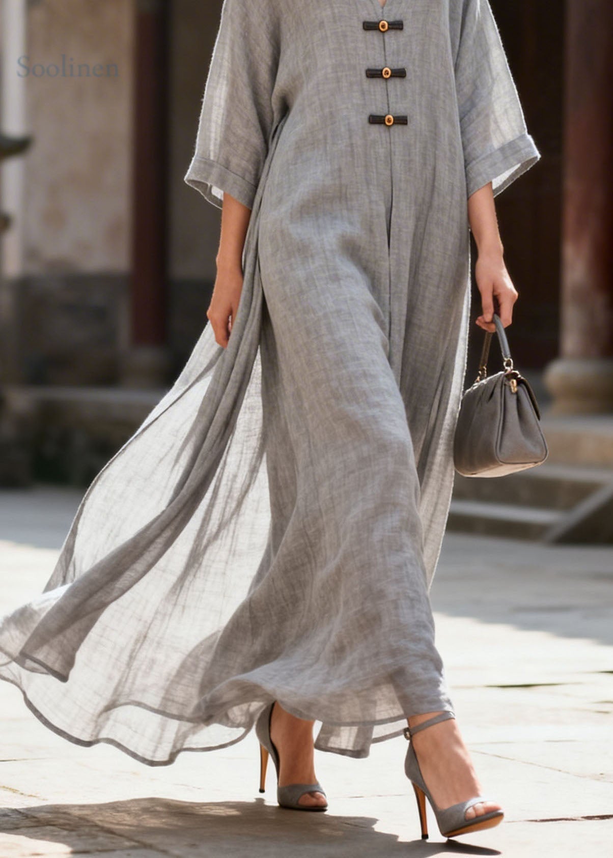 Vintage Grey V Neck Patchwork Oriental Button Cotton Dress Summer