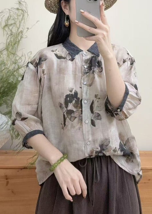 Vintage Khaki Oversized Print Linen Shirt Tops Summer