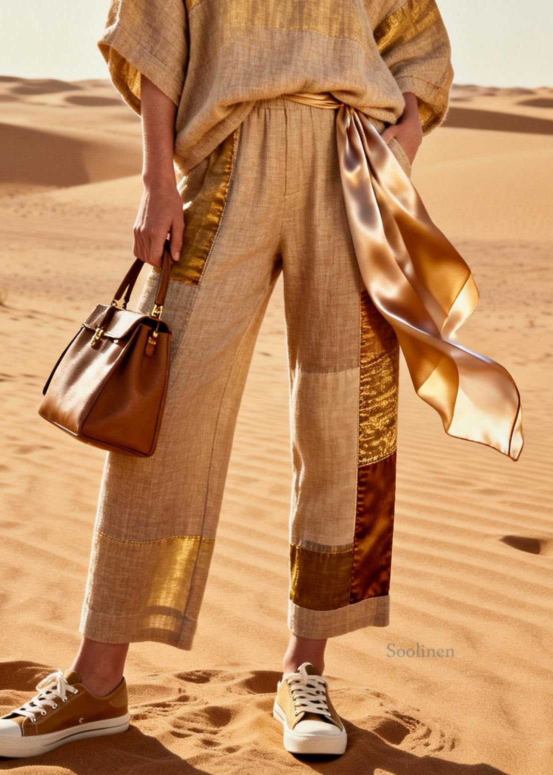 Vintage Khaki V Neck Tops And Crop Pants Patchwork Silk Linen Two Pieces Set Batwing Sleeve