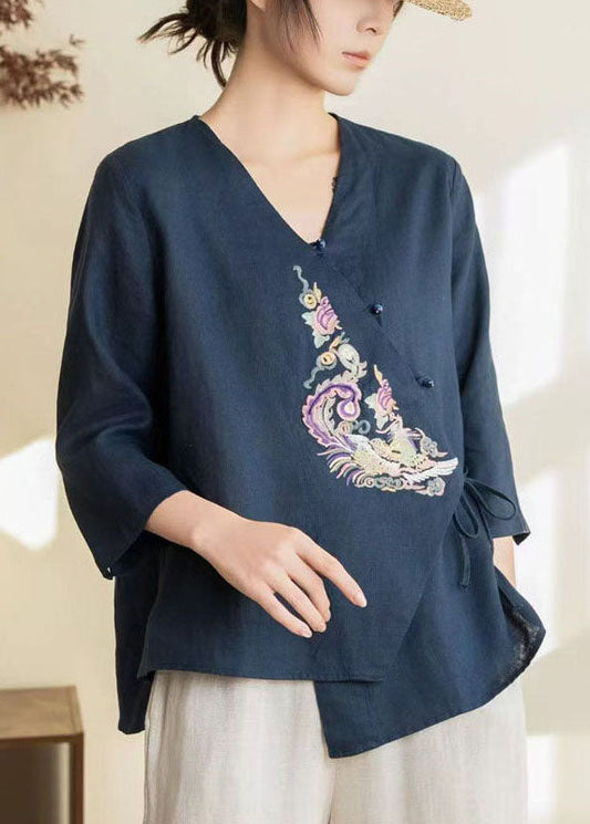 Vintage Navy Embroidered Tie Waist Linen Shirts Spring