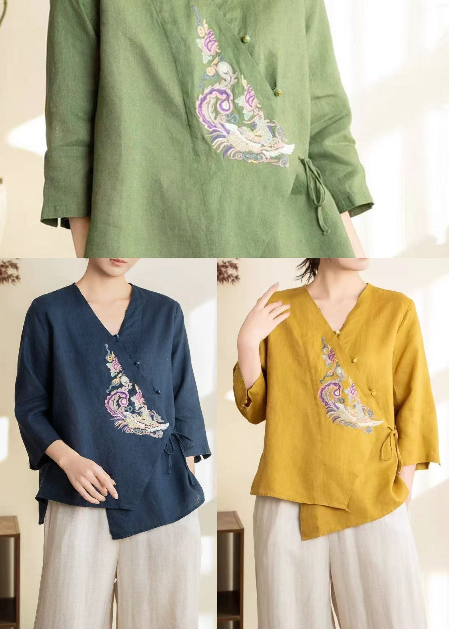 Vintage Navy Embroidered Tie Waist Linen Shirts Spring