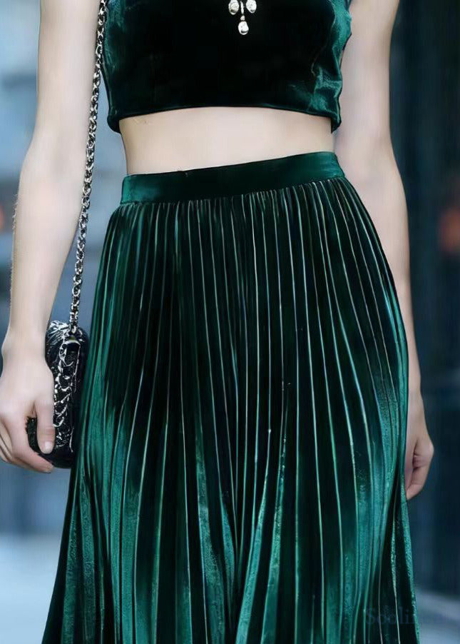 Vintage Peacock Green Exra Large Hem Draping Silk Velvet Pleated Skirt Spring