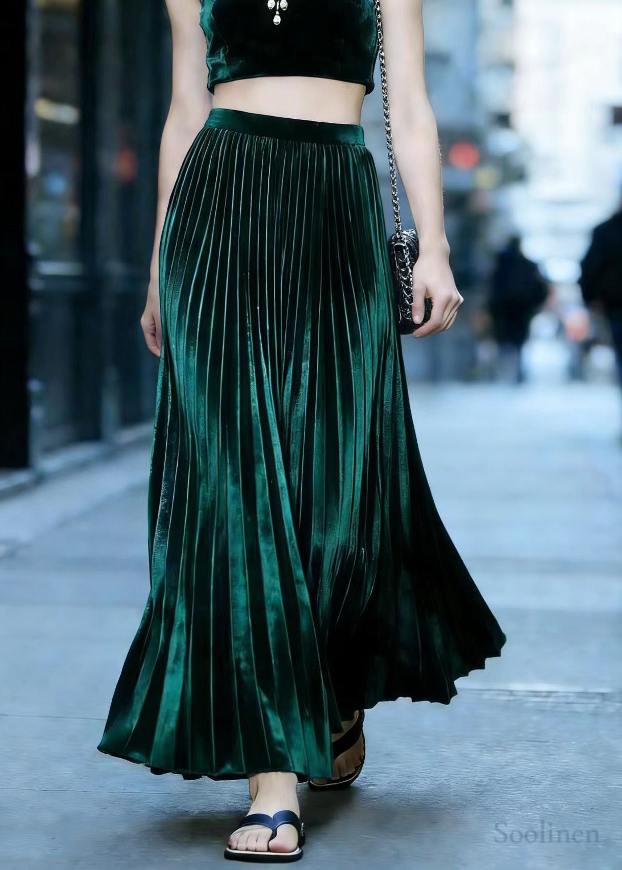 Vintage Peacock Green Exra Large Hem Draping Silk Velvet Pleated Skirt Spring