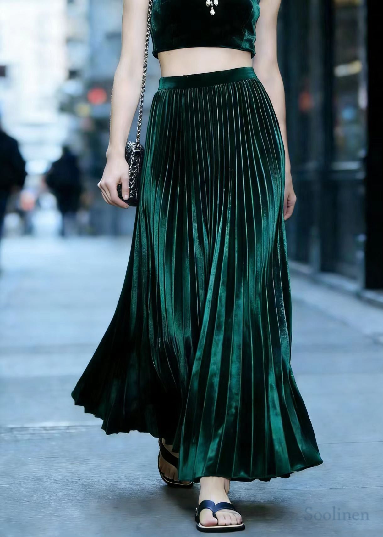 Vintage Peacock Green Exra Large Hem Draping Silk Velvet Pleated Skirt Spring