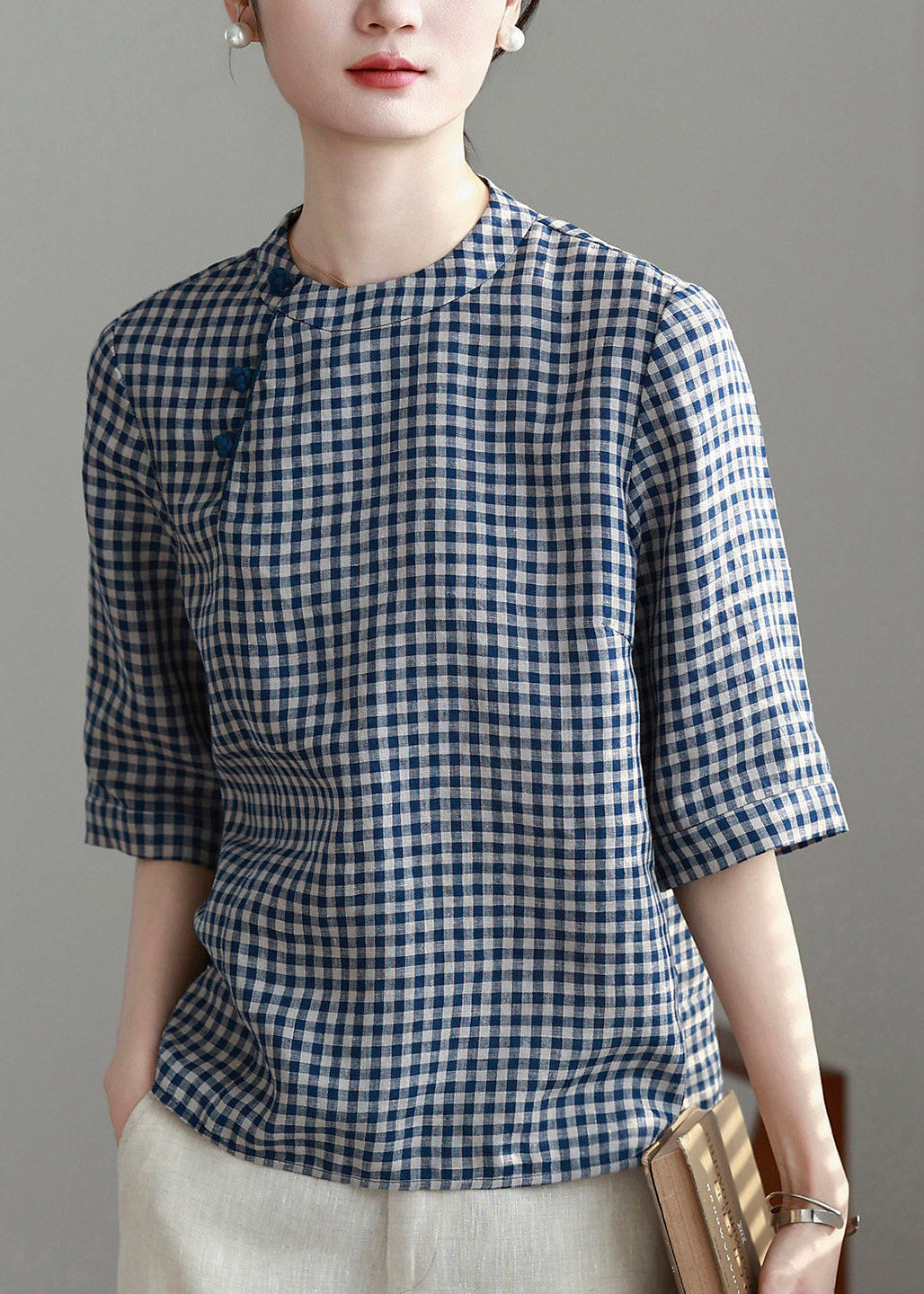 Vintage Plaid O-Neck Top Short Sleeve