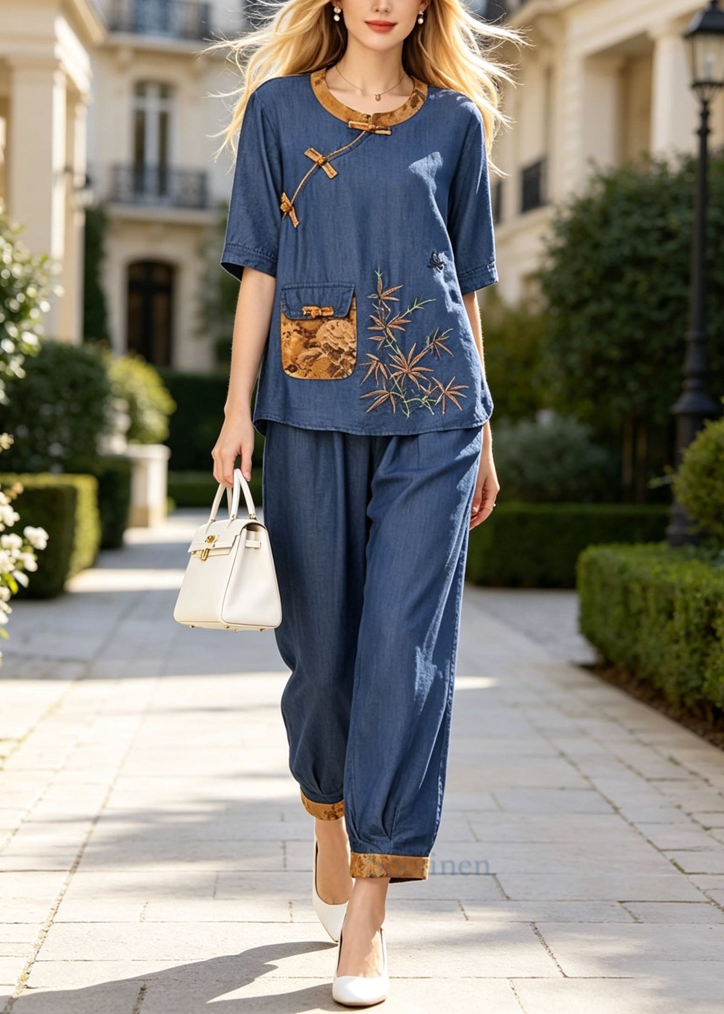 Vintage Plus Size Blue Embroidered Cotton Two Piece Set Summer