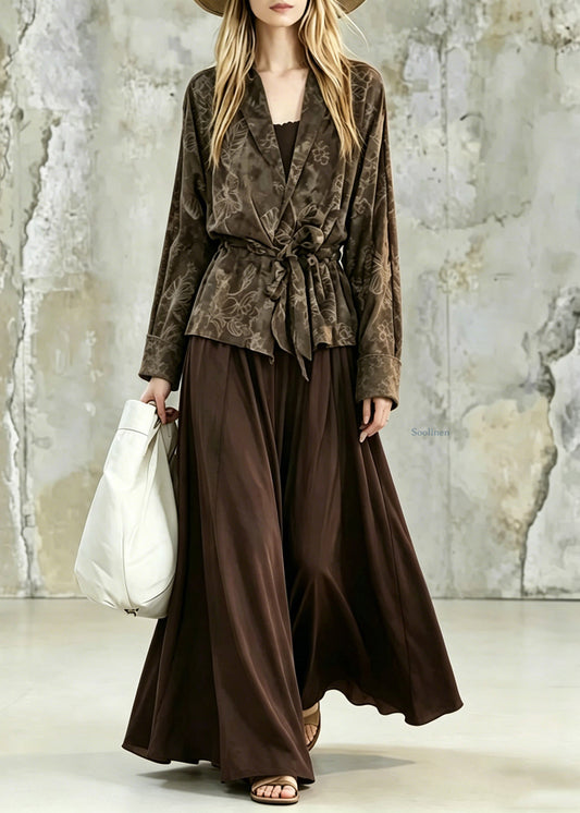 Vintage Print Tie Waist Shirt And Maxi Skirts Two Pieces Set Fall