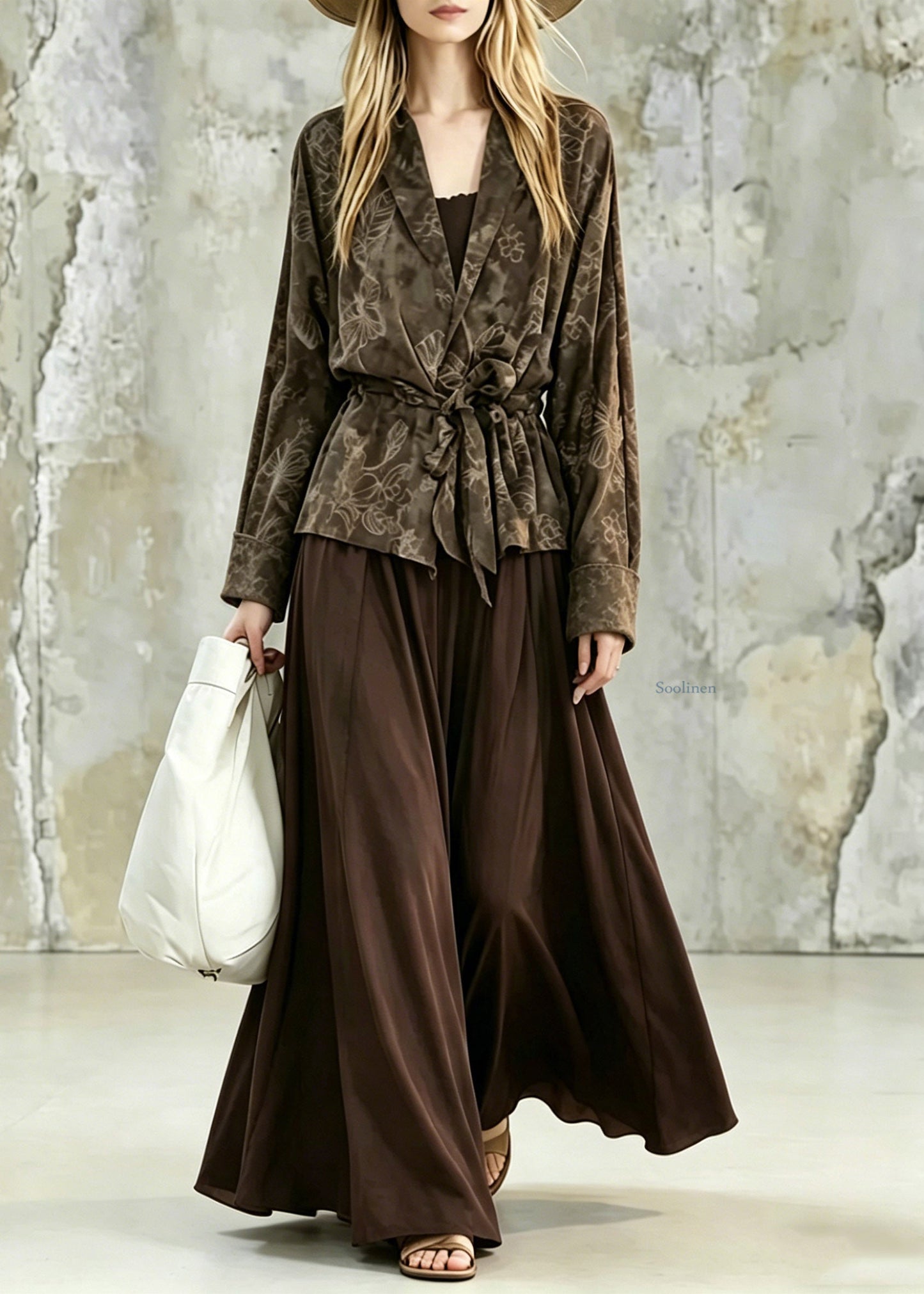Vintage Print Tie Waist Shirt And Maxi Skirts Two Pieces Set Fall