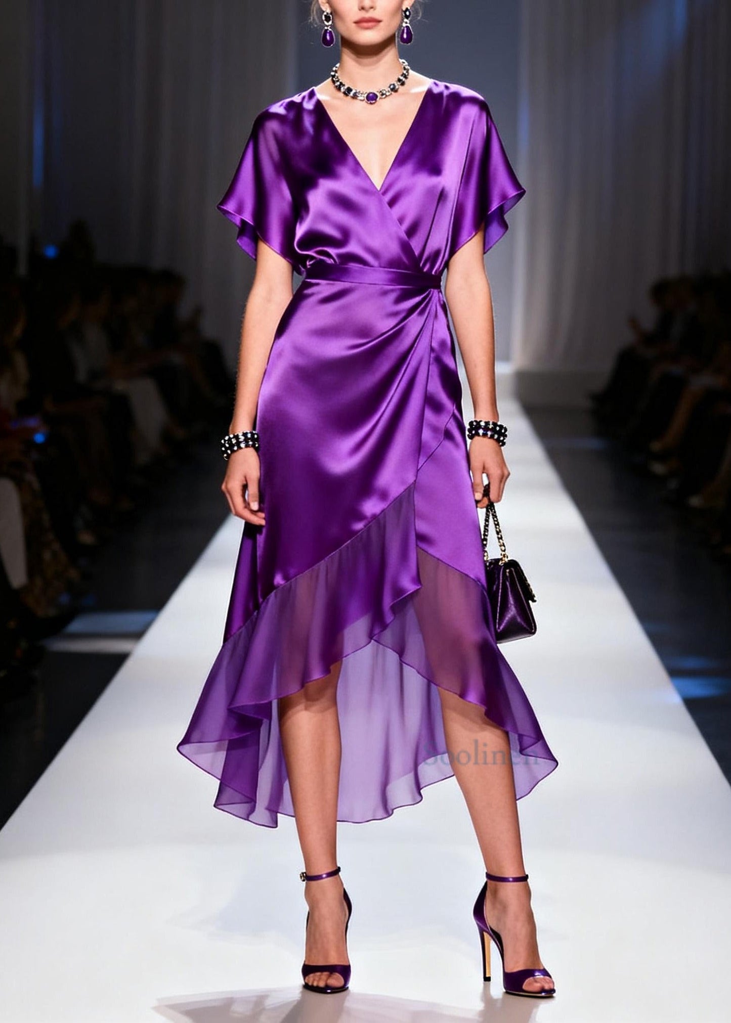 Vintage Purple V Neck Patchwork Chiffon Dresses Summer