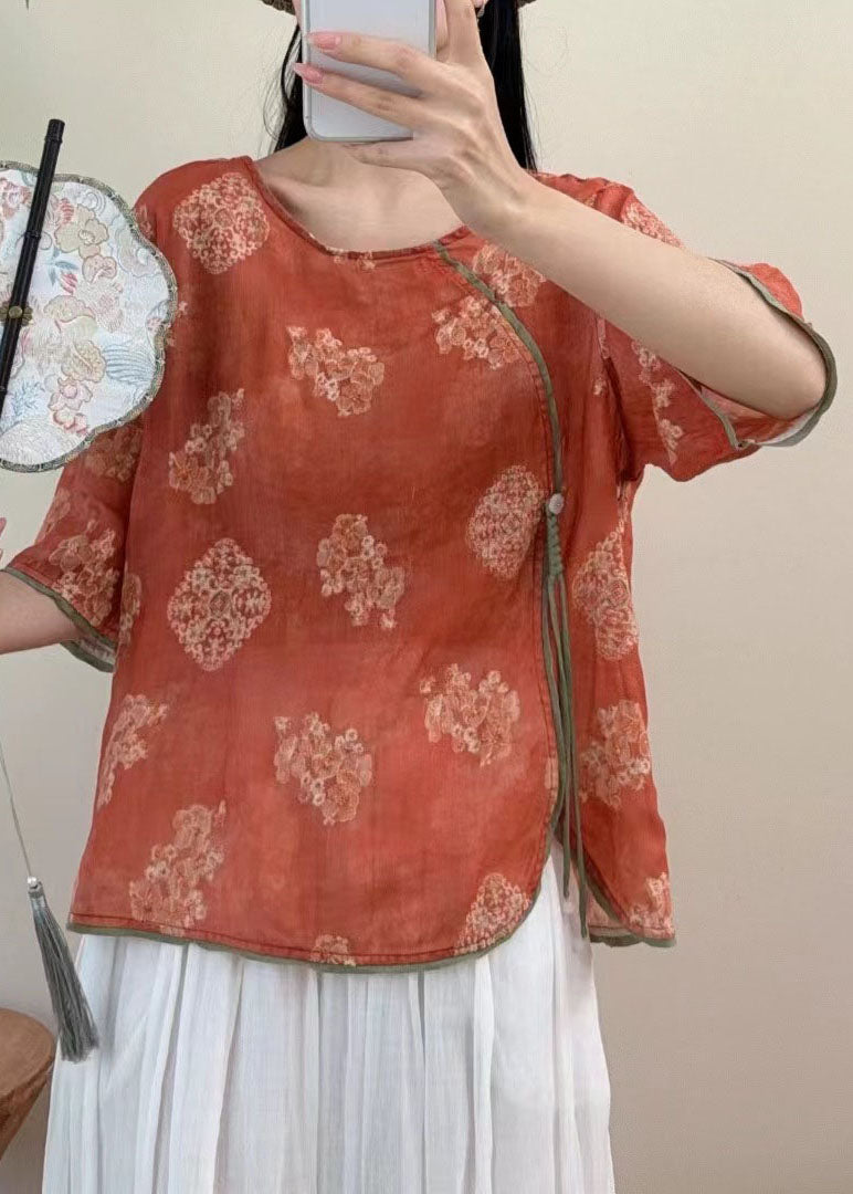 Vintage Red O Neck Embroidered Linen Blouse Tops Summer