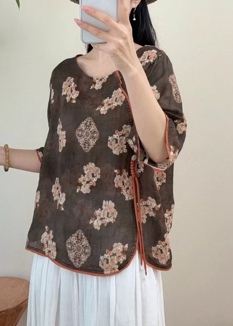 Vintage Red O Neck Embroidered Linen Blouse Tops Summer