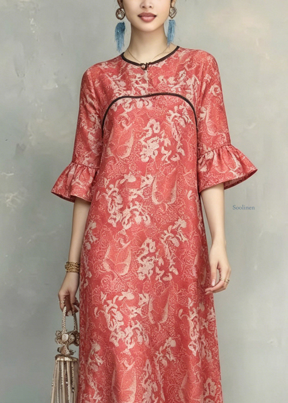 Vintage Red O-Neck Ruffled Patchwork Long Dresses Short Sleeve