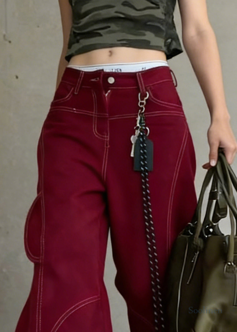 Vintage Red Pockets High Waist Cotton Wide Leg Pants Spring