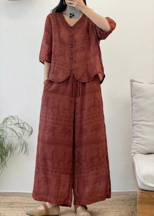 Vintage Red V Neck Patchwork Linen Shirt And Wide Leg Pants Two Pieces Set Summer