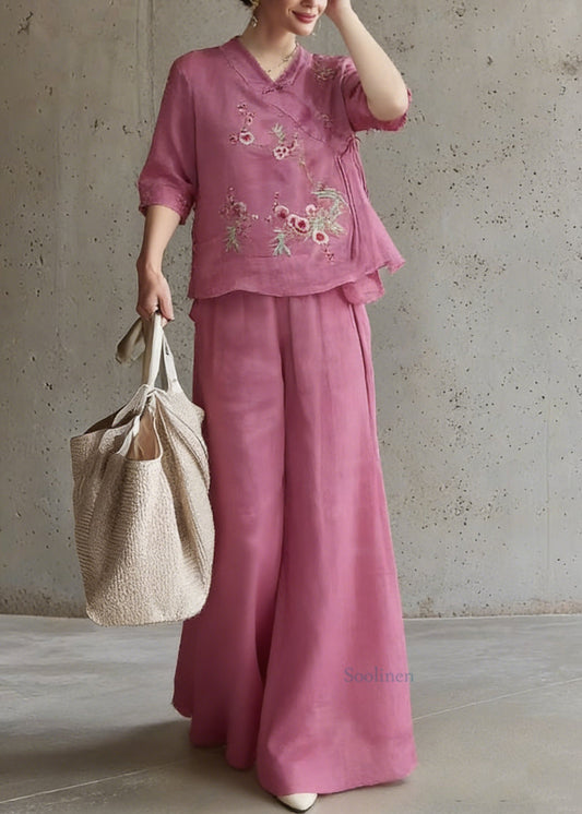 Vintage Rose Embroidered Tie Waist Top And Wide Leg Pants Two Pieces Set Half Sleeve