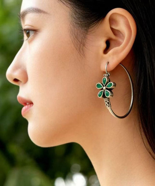 Vintage Silk Sterling Silver Five Petal Flower Hoop Earrings