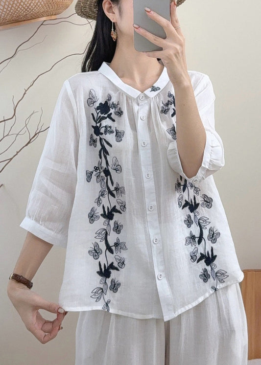 Vintage White Embroidered Butterfly Linen Blouses Bracelet Sleeve