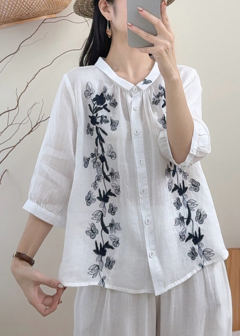 Vintage White Embroidered Butterfly Linen Blouses Bracelet Sleeve