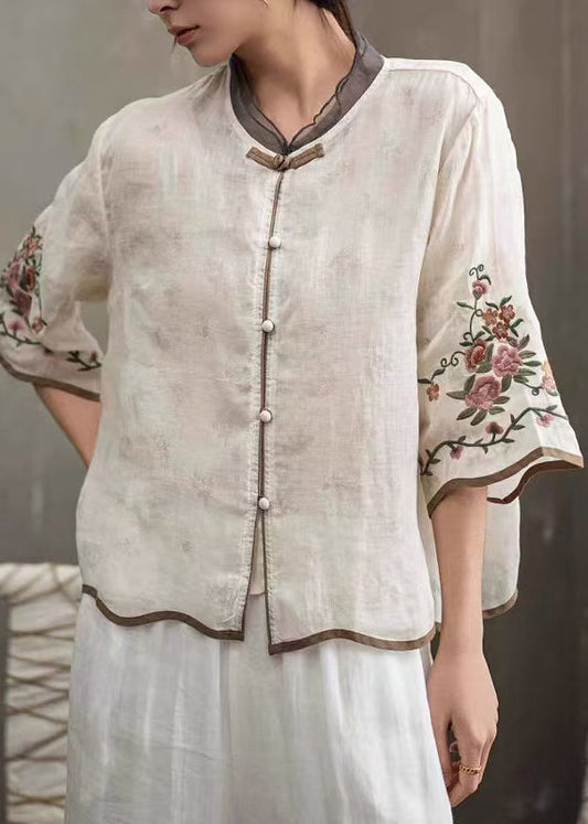 Vintage White Embroidered Chinese Button Linen Blouse Top Half Sleeve