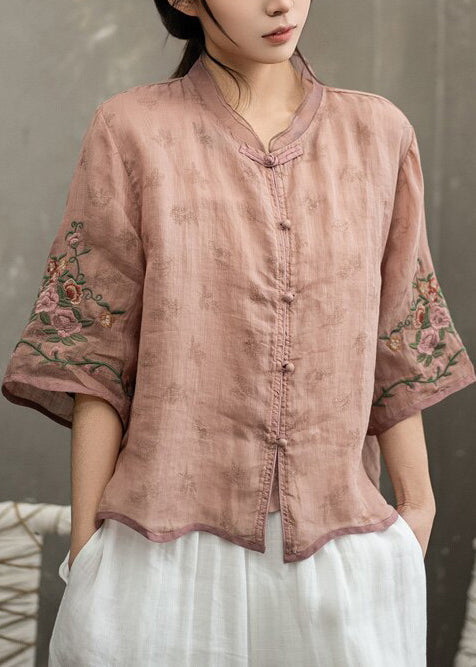 Vintage White Embroidered Chinese Button Linen Blouse Top Half Sleeve