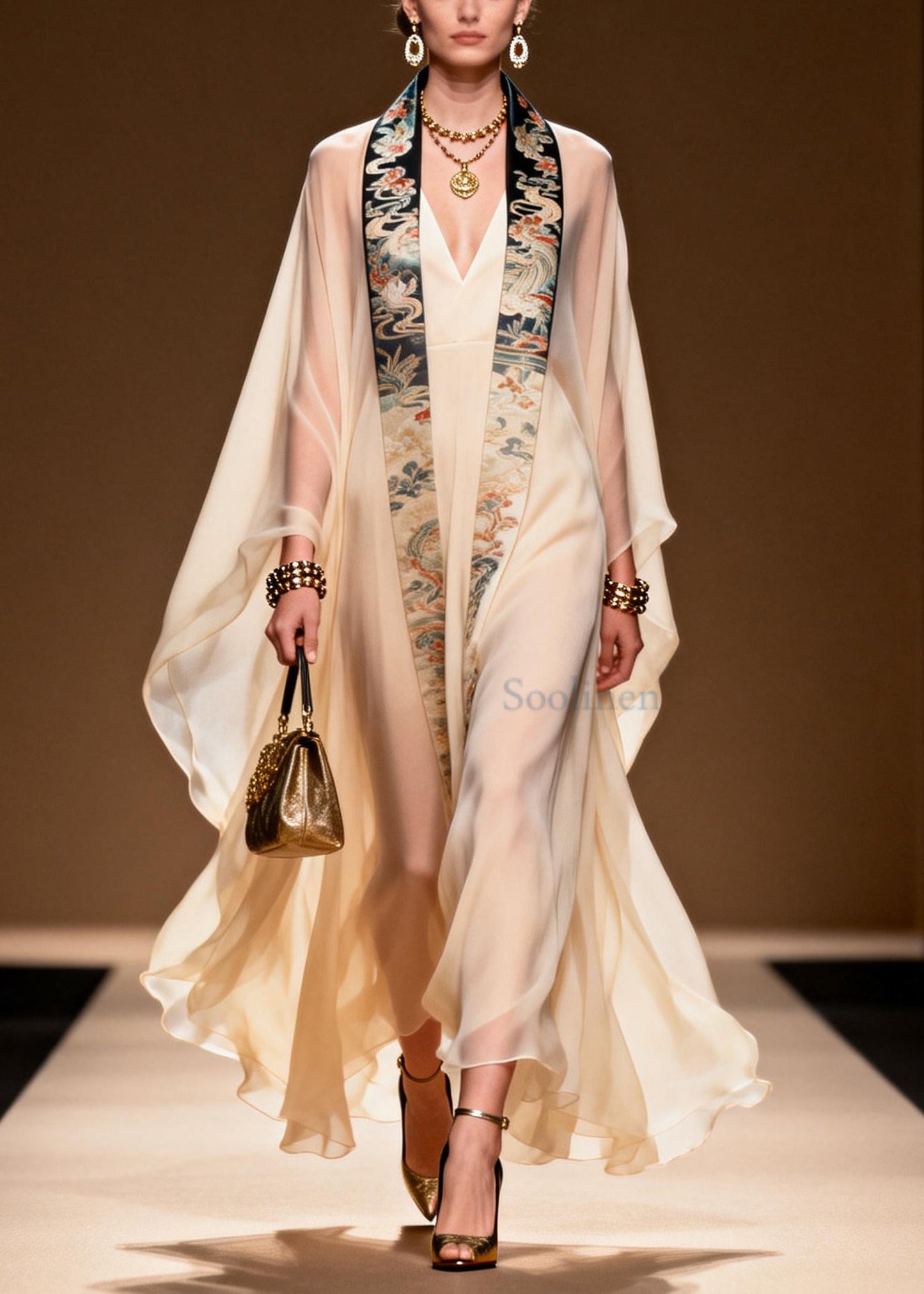 Vintage White Oversized Dragon Pattern Chiffon Dresses Two Piece Set Summer