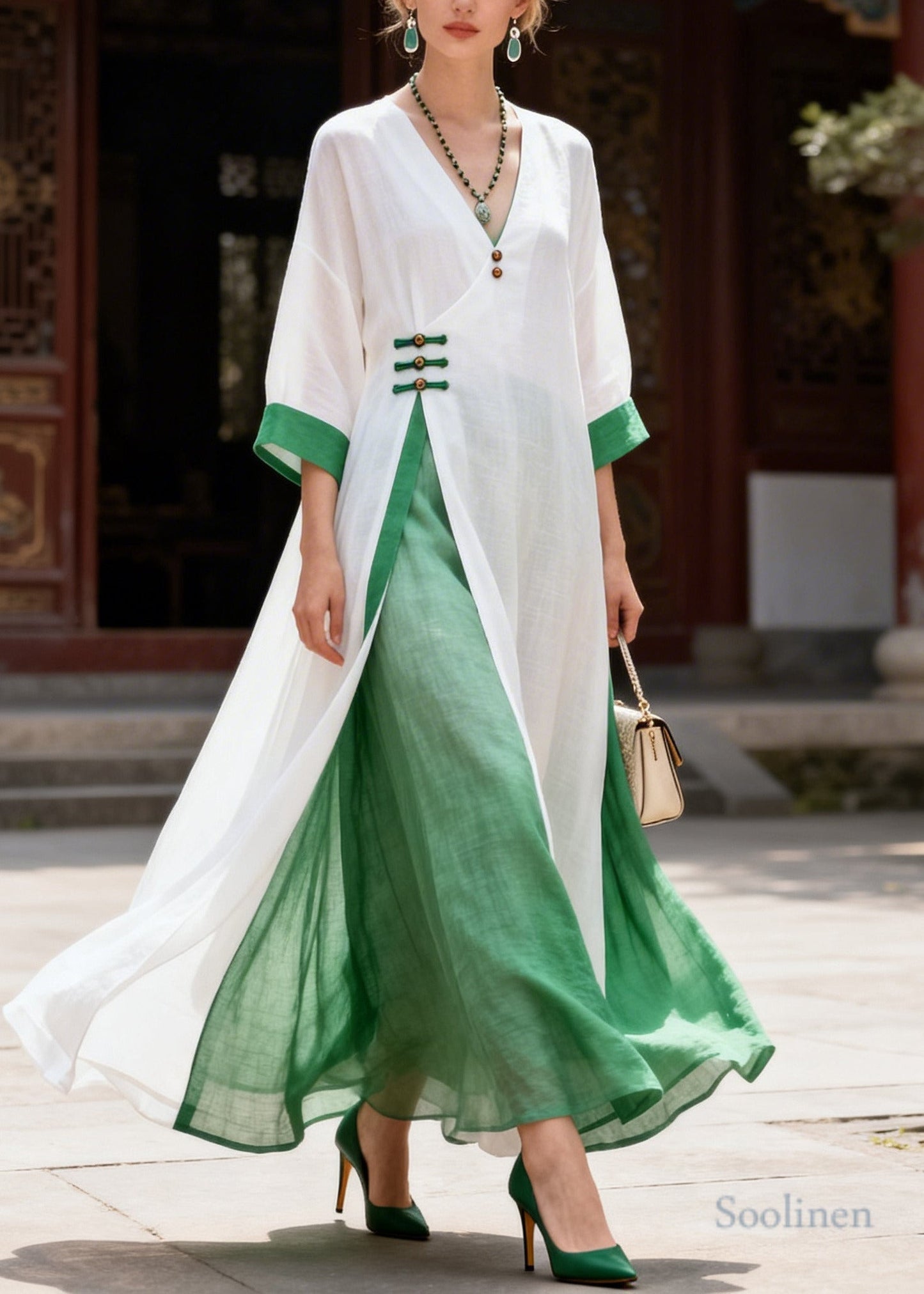 Vintage White Patchwork Chinese Button Cotton Oriental Dress Summer