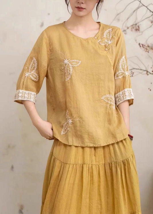 Vintage Yellow Embroidered Nail Bead Linen Shirt Summer