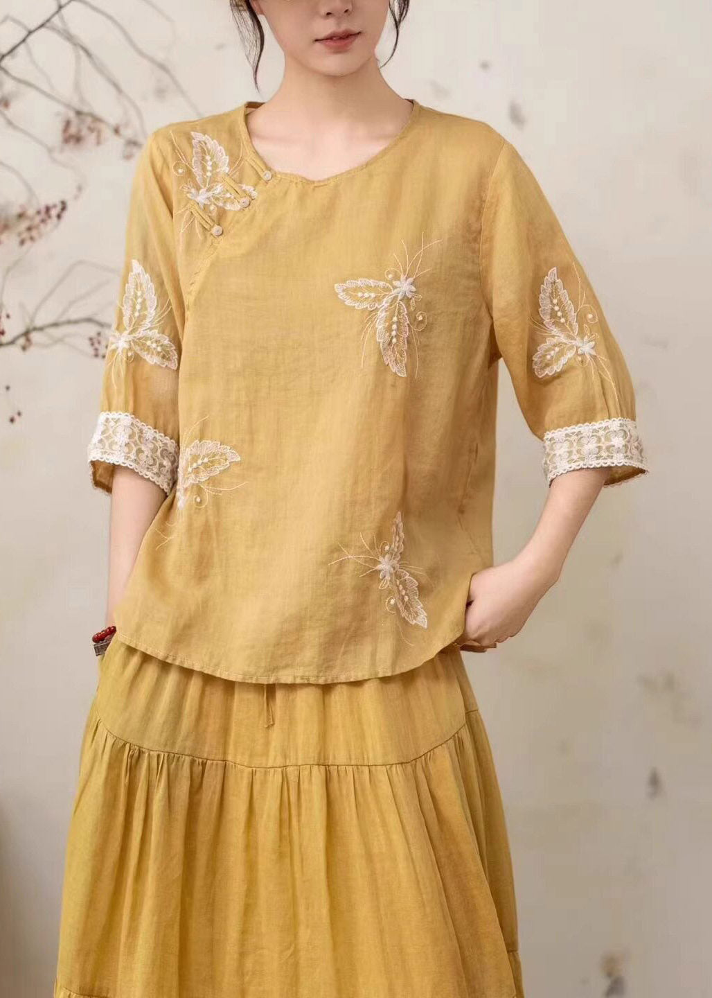 Vintage Yellow Embroidered Nail Bead Linen Shirt Summer