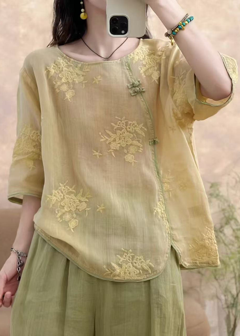 Vintage Yellow O Neck Embroidered Linen Top Summer